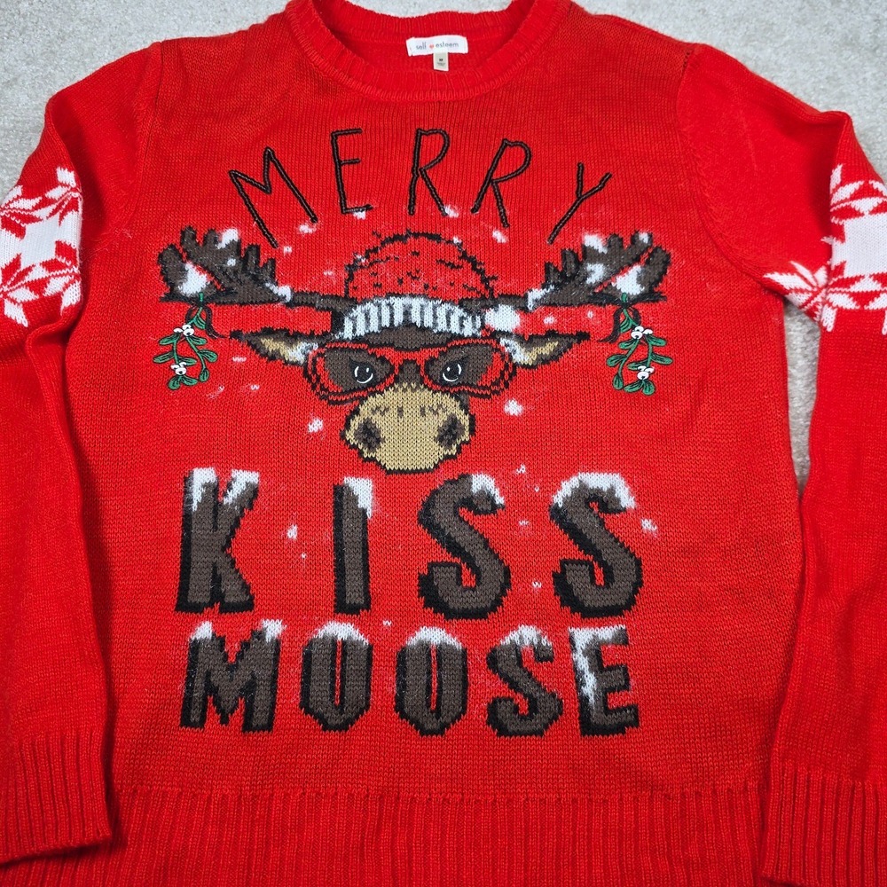 Self Esteem Sweater Womens M Red Merry Kiss Moose‎ Christmas Long Sleeve Holiday